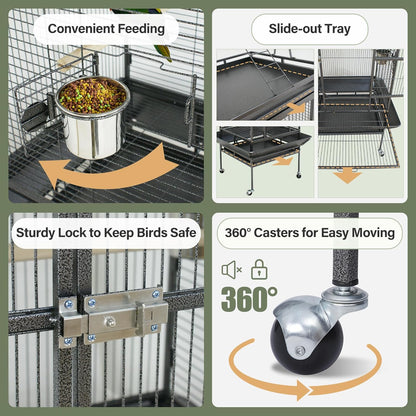 ZENY 68-Inch Birdcage, Playtop Parrot Cage, Wrought Iron Bird Cage with Rolling Stand, Heavy-Duty