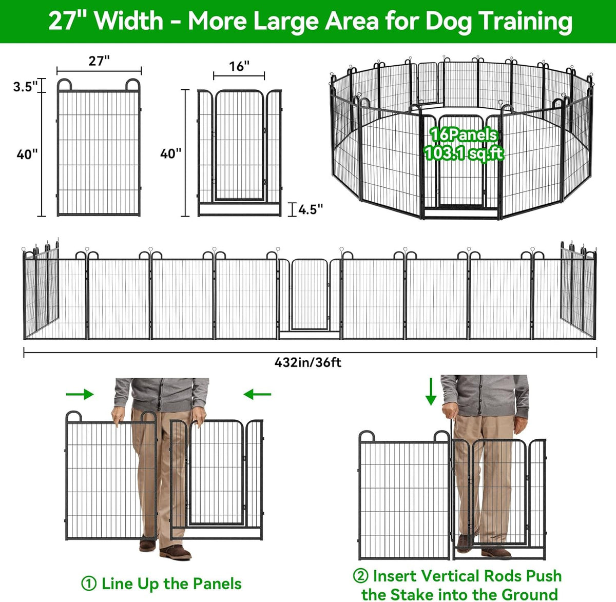 Dog Playpen Outdoor 16 Panels Heavy Duty Dog Fence 40" Height Anti-Rust with Doors Portable for RV