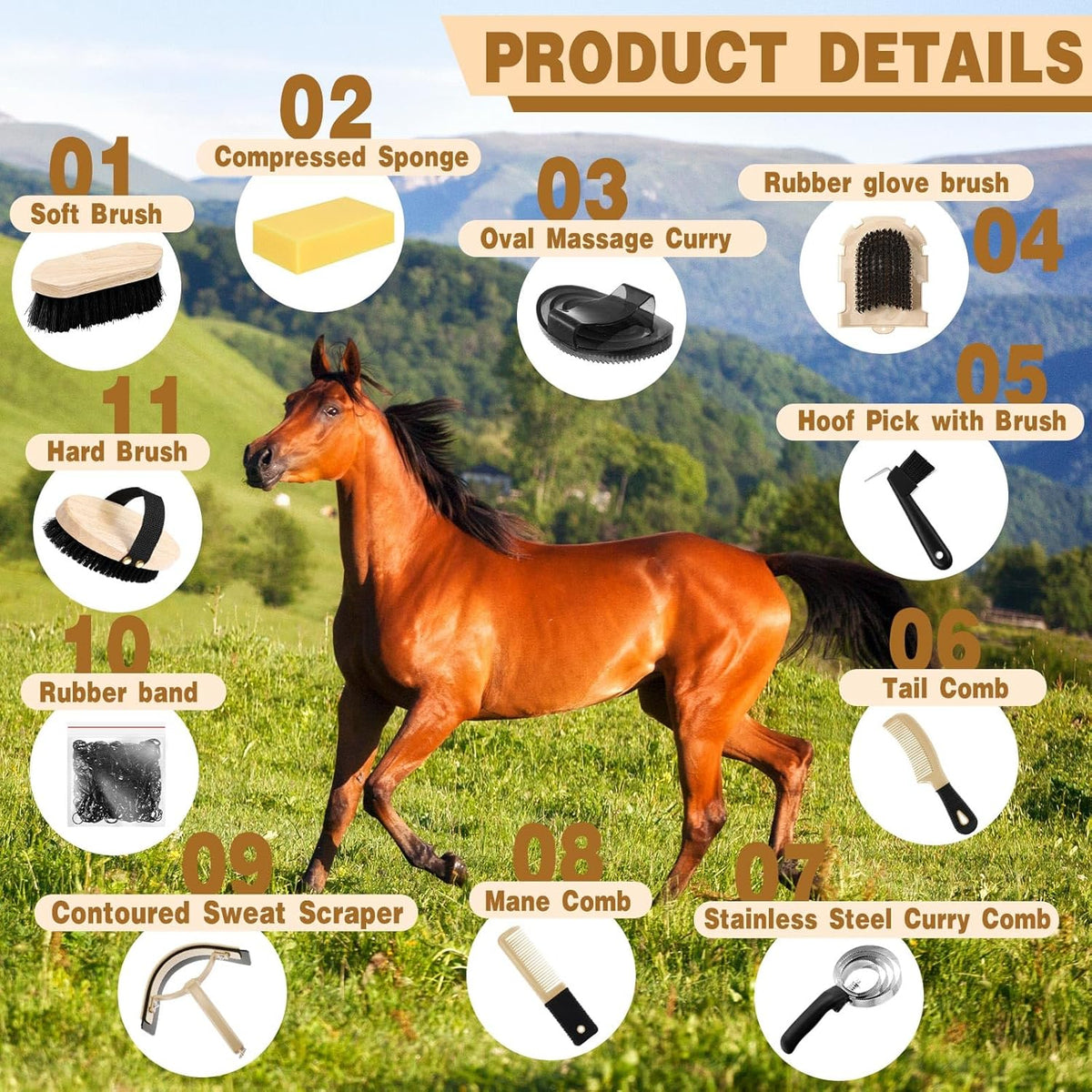 Abbylike 12 Pieces Horse Grooming Kit Racing Festival Tack Room Supplies Horse Brush Sets Equine