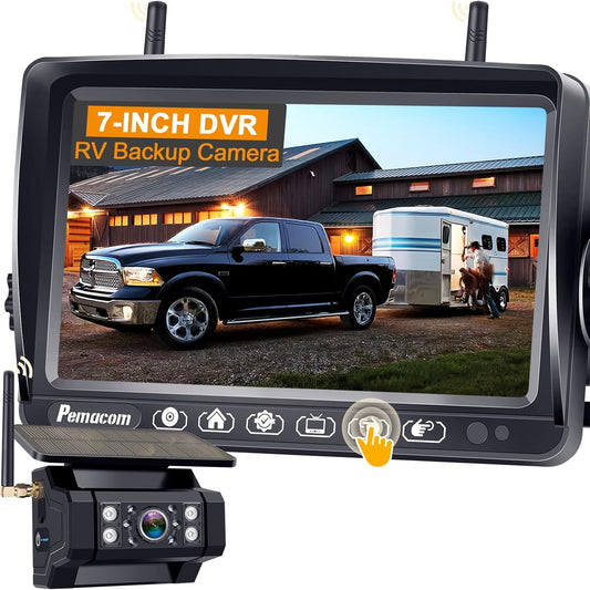 RV Backup Camera with Solar Magnetic: Long Distance No Signal Delay, 7 Inch Touch Key Monitor with