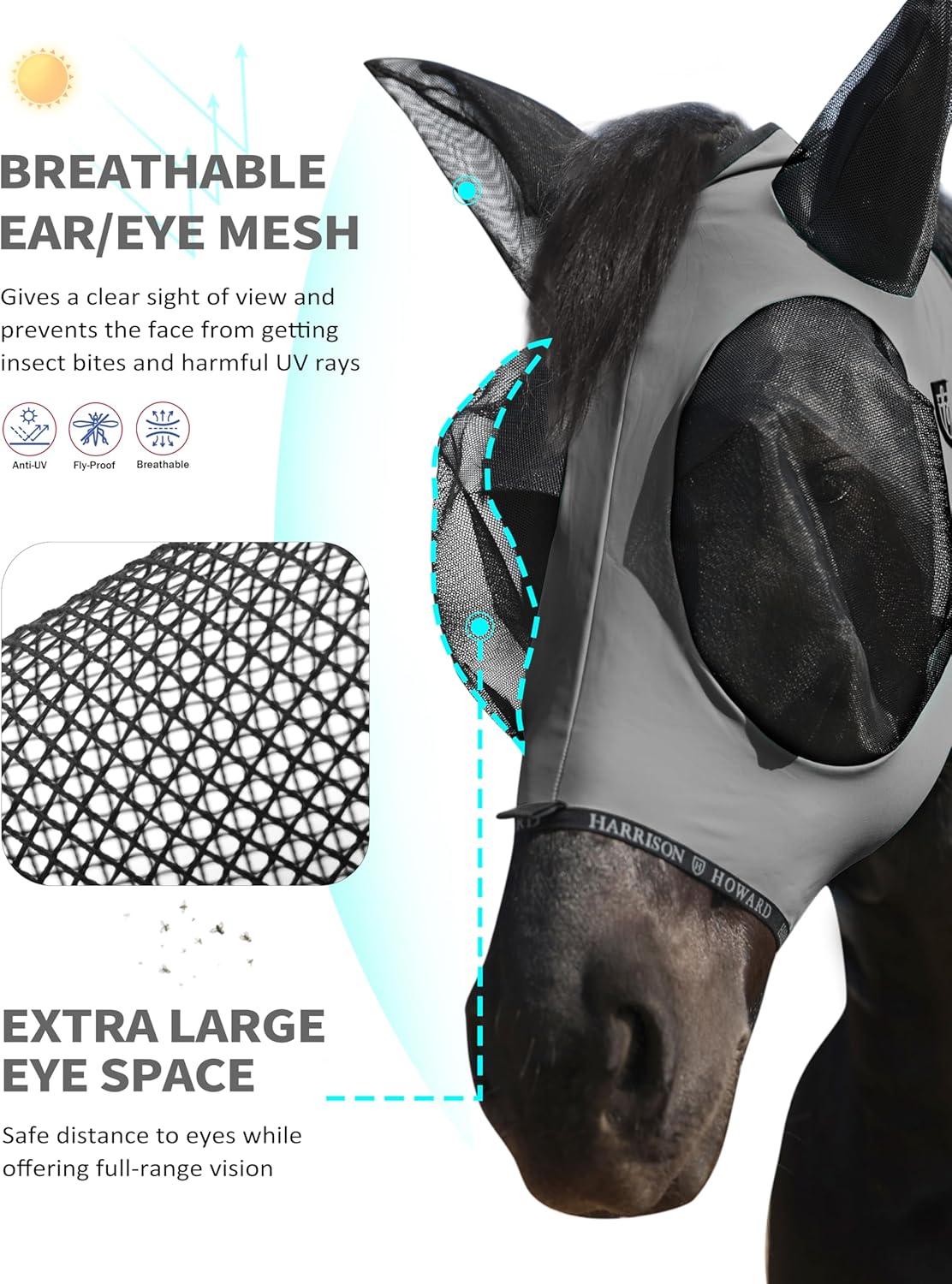 Harrison Howard Horse Fly Mask with Forelock Opening Stretch Breathable and Comfortable for Horses