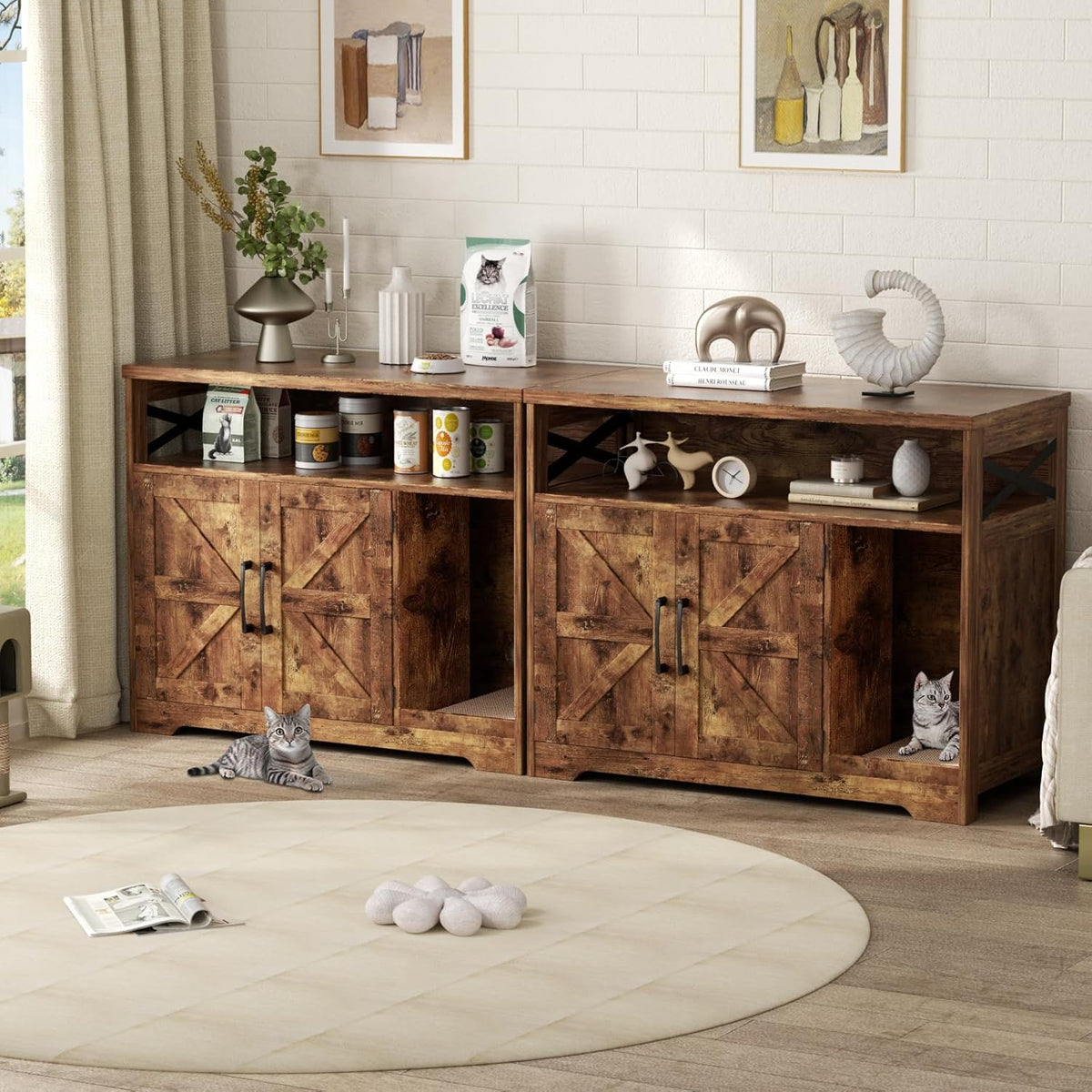 Cat Litter Box Enclosure, Hidden Litter Box Furniture with Scratch Pad, Farmhouse Indoor Cat House