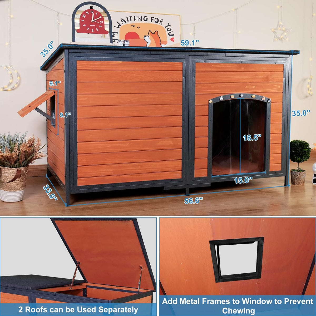 Extra Large Dog House Outdoor 59.1" L Outside Insulated Dog Kennel Weatherproof Winter, 6 Sides