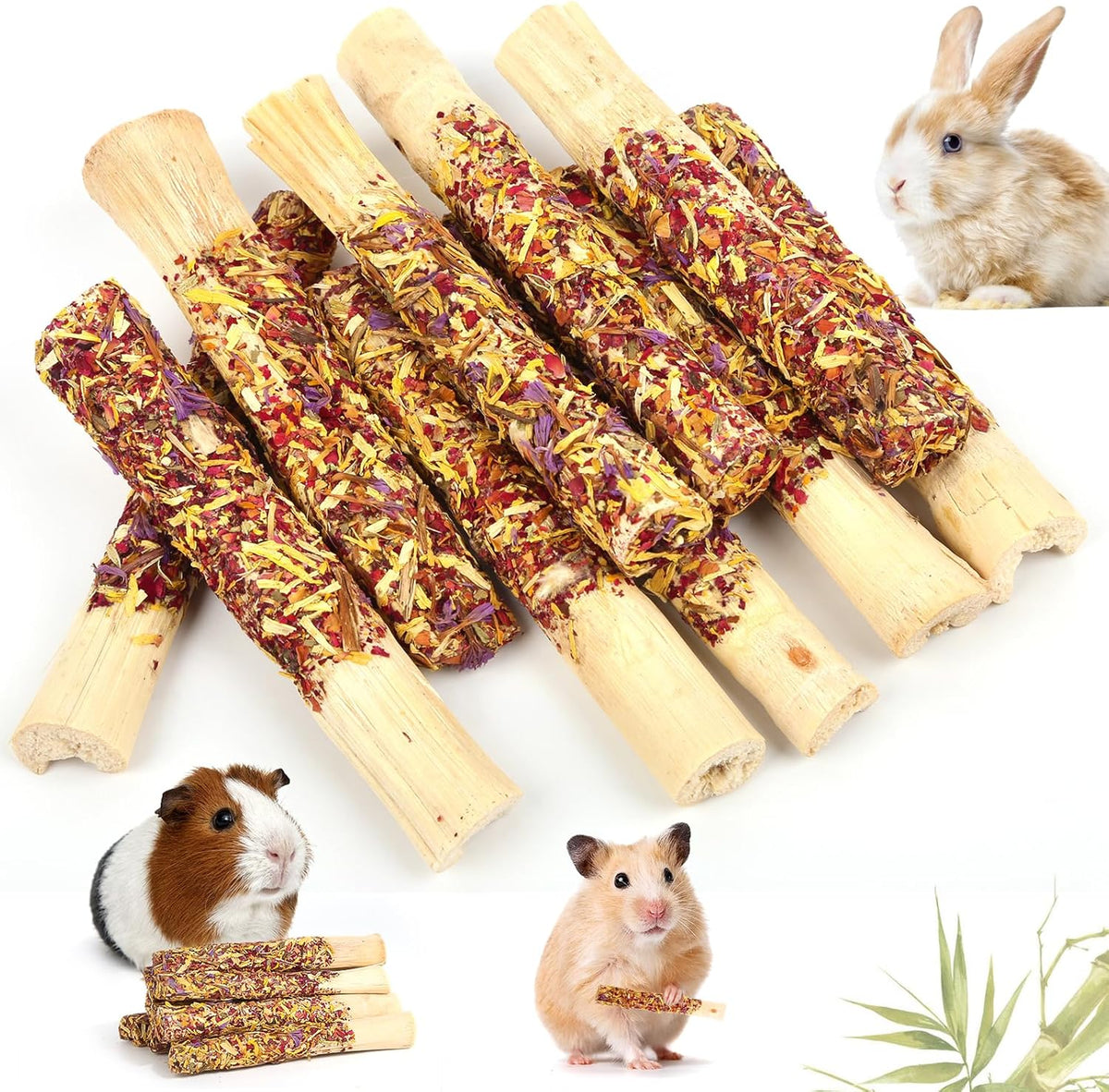 Abizoo Natural Rabbit Chew Toys,10 Sticks Sweet Bamboo Sticks for Rabbits with Petals,Bunny Chew