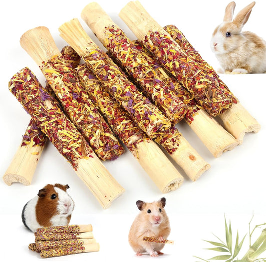 Abizoo Natural Rabbit Chew Toys,10 Sticks Sweet Bamboo Sticks for Rabbits with Petals,Bunny Chew
