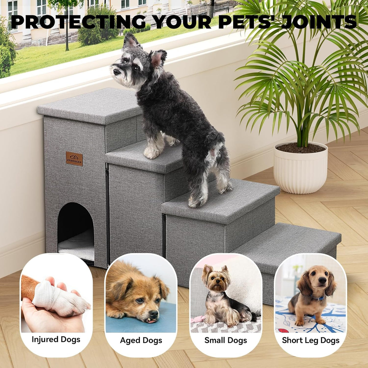 Dog Stairs 23" H, 4-Step Wider Dog Steps for High Beds Window, Folding Storage Pet Stairs Gift for