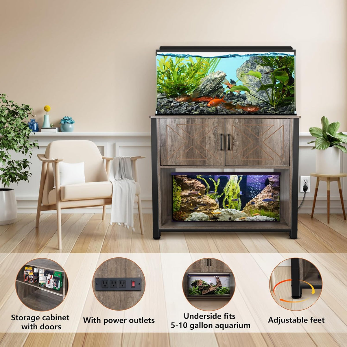 40 Gallon Aquarium Stand with Cabinet & Power Outlets, Heavy Duty Metal Stand for 40-50 Gallon