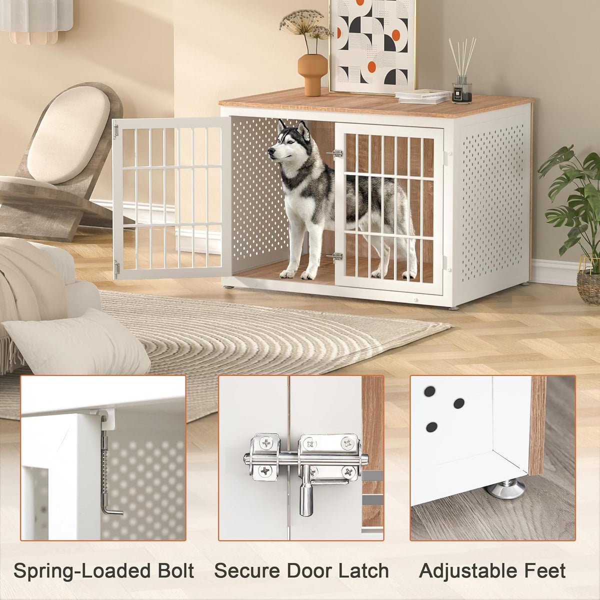 42" Heavy Duty Dog Crate Furniture for Large Dogs, Metal Kennel for High Anxiety Dogs, White Wooden