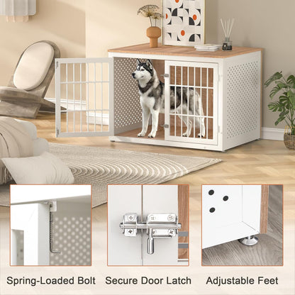 42" Heavy Duty Dog Crate Furniture for Large Dogs, Metal Kennel for High Anxiety Dogs, White Wooden