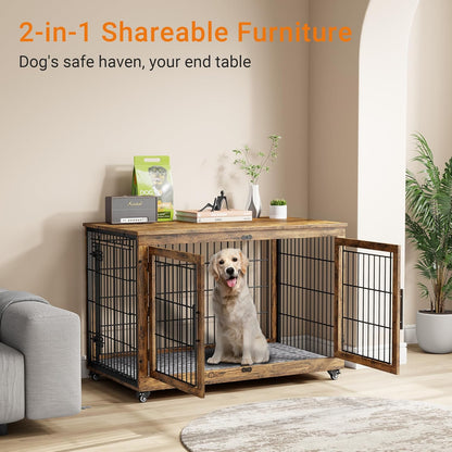 Lulive Dog Crate Furniture, XL Wooden Dog Kennel Indoor Double Doors Dog Cage, 44'' Heavy Duty Dog
