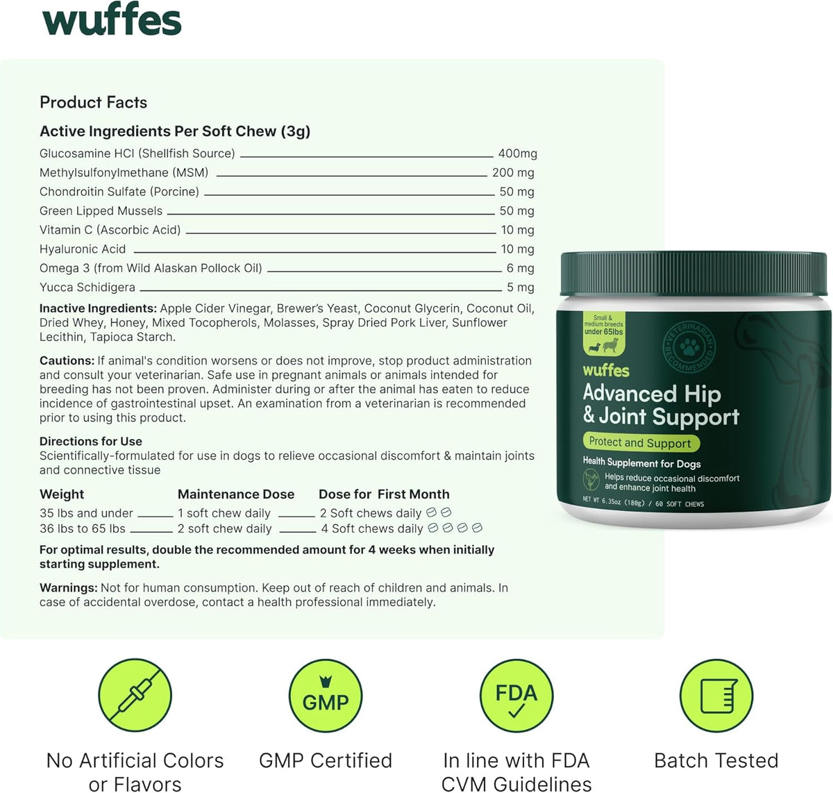 Wuffes Advanced Dog Hip and Joint Supplement with Glucosamine, Chondroitin, Omega 3, MSM, and Green