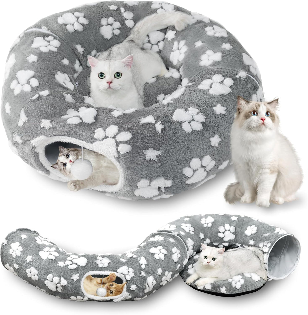 Cat Tunnel for Indoor Cats, Cute Peekaboo Cave with Dangling Balls, Pet Donut Tunnel Bed with