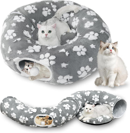 Cat Tunnel for Indoor Cats, Cute Peekaboo Cave with Dangling Balls, Pet Donut Tunnel Bed with