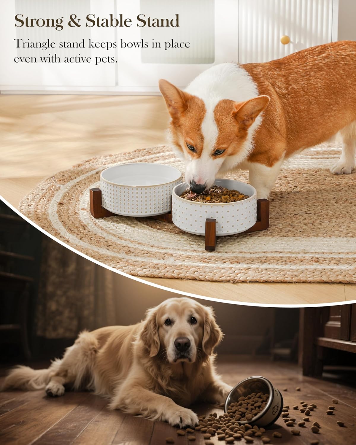 MALACASA Dog Bowl Set with Walnut Wood Stand, 3.5 Cups Ceramic Pet Bowls for Puppy Dogs, Dual Food