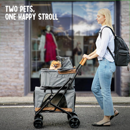 Double Pet Stroller with Detachable Carriers - Ideal for 2 Dogs or Cats - Compact & Convenient