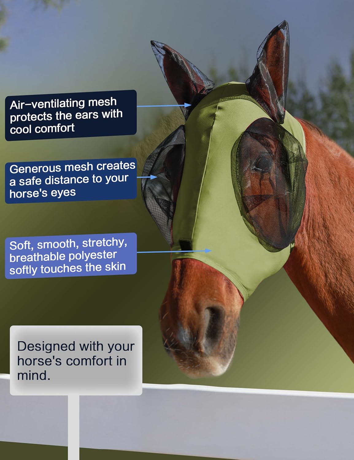 Horse Fly Mask with Ears, UV Protection for Horses, Elasticity with Big Mesh Eye Covers, Snug