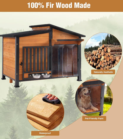 GUTINNEEN Heated Dog House Outdoor with Electric Heating Pad, Insulated Wooden Dog Kennel with 360°