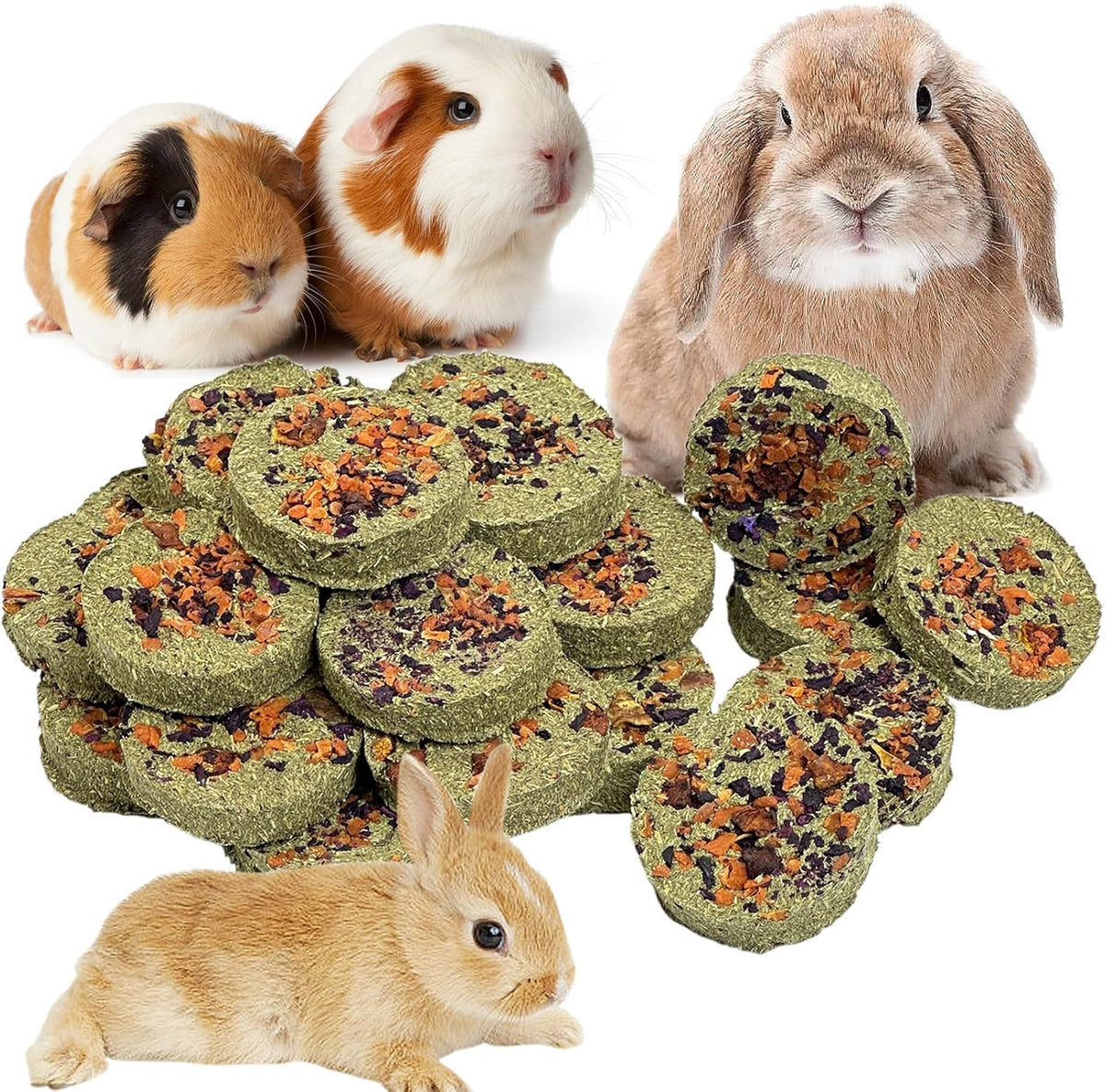 Fhiny 24 PCS Rabbit Chew Toys, Natural Timothy Hay Carrot Pumpkin Purple Potato Biscuit Cubes Bunny
