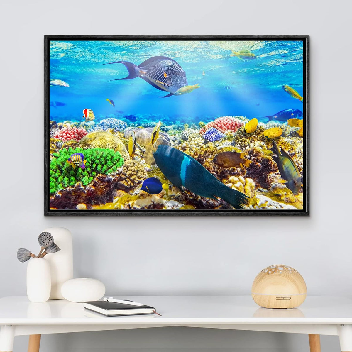 wall26 Framed Canvas Print Wall Art Sunlight Ocean Sea Coral Reef Anemone Fish Nature Animals