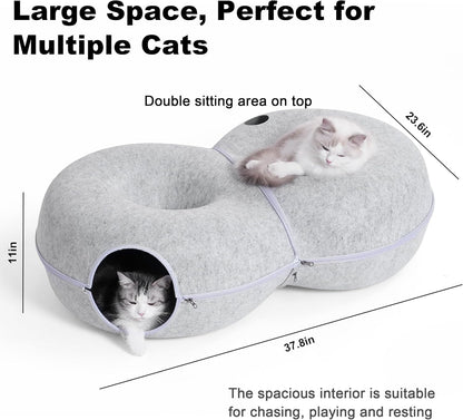 8-Shaped Large Cat Tunnel Bed for Indoor Cats, Infinite Circulation Peekaboo Cat Cave with 12 Toy