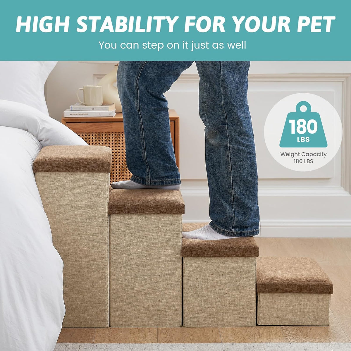 Dog Stairs with Storage, 4-Step Wider Sturdy Dog Steps for Small/Medium/Large Dogs and Older Cats