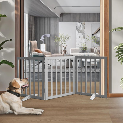 ZJSF Freestanding Indoor Dog Gate for House Foldable Wood Puppy Gate for Doorways Pet Gate for