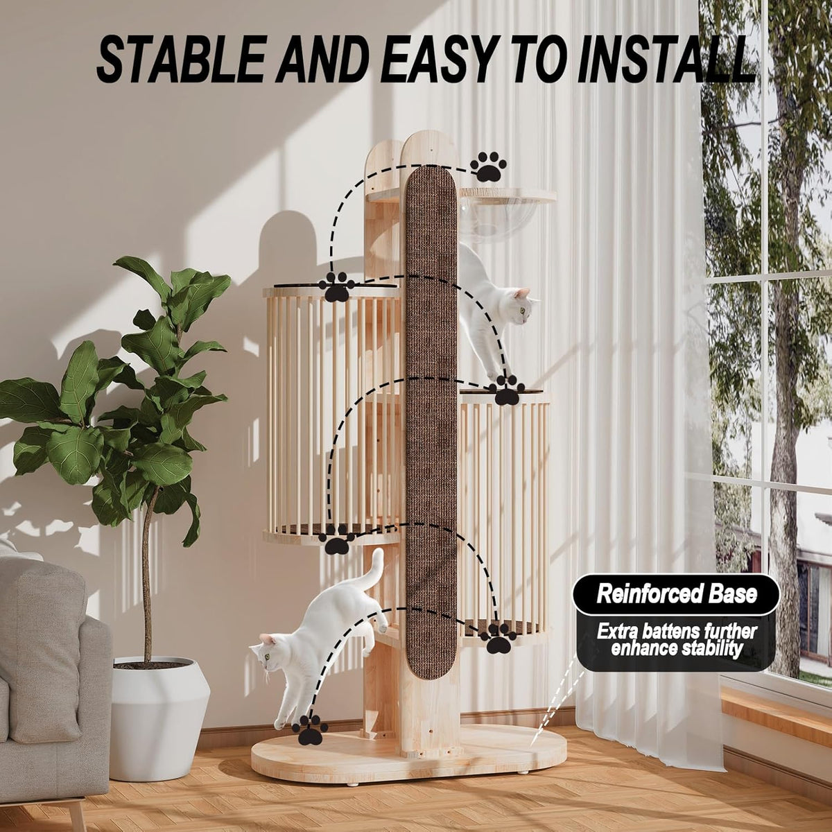 Modern Cat Tree Tower for Indoor Cats, 67" Tall Solid Wooden Cat Tower with Scratching Posts, 6