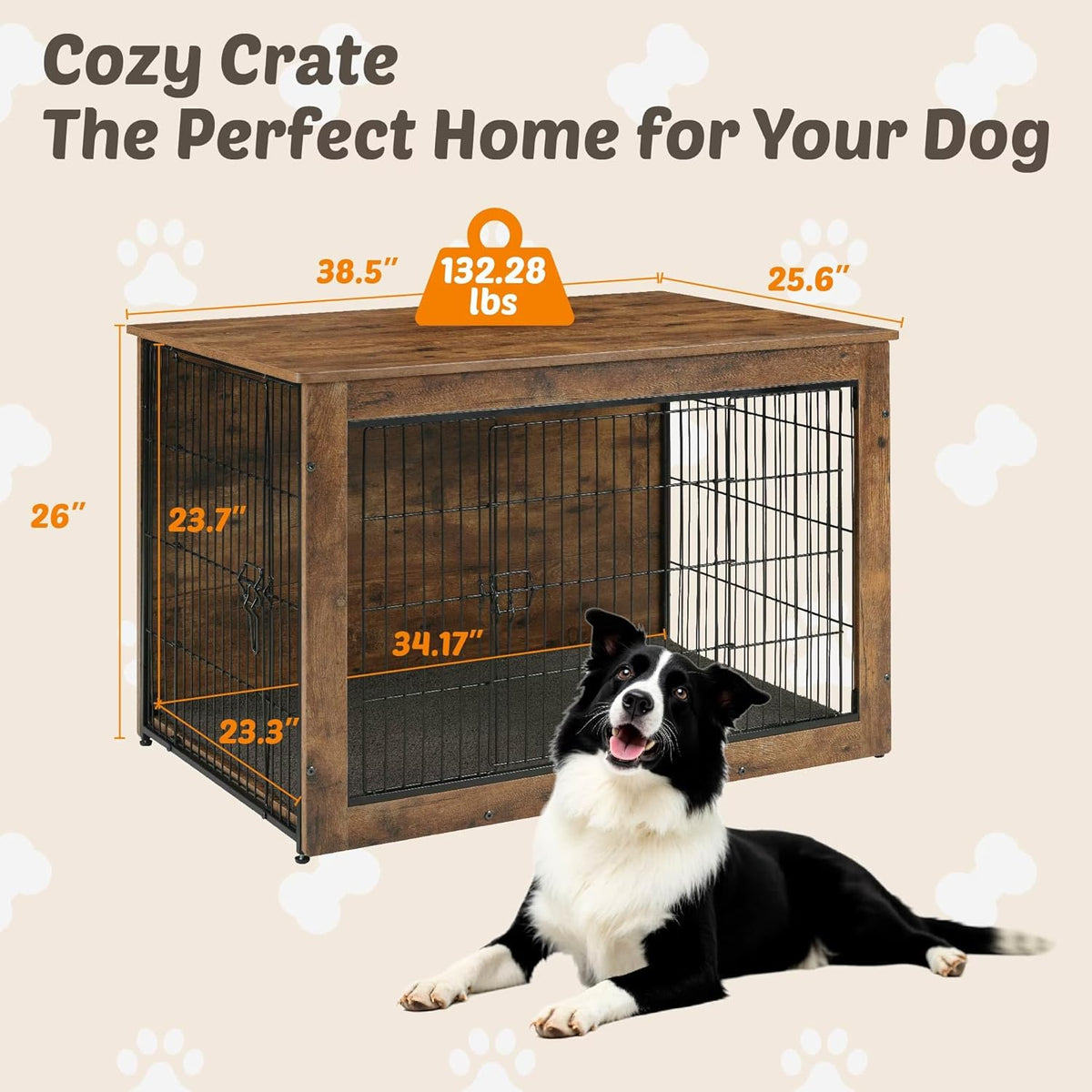 Dog Kennel Furniture, Wooden Dog Crate End Table with Dual Doors, Chew-Proof Design & Cushion