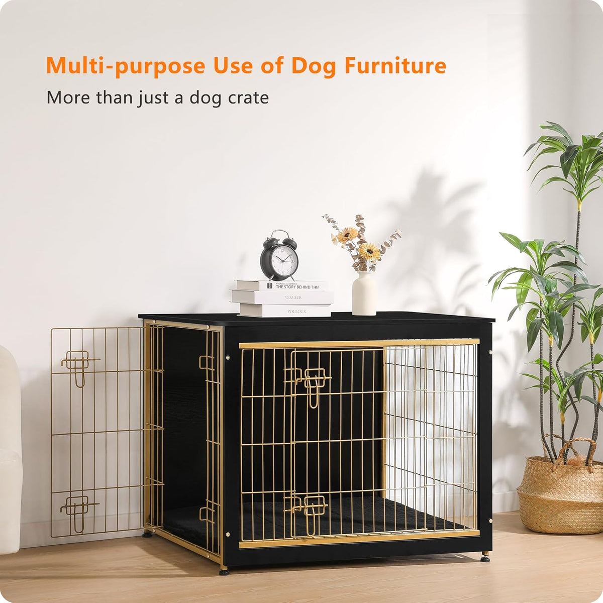 DWANTON Dog Crate Furniture with Cushion, Wooden Kennel Table with Double Doors, Indoor Dog House
