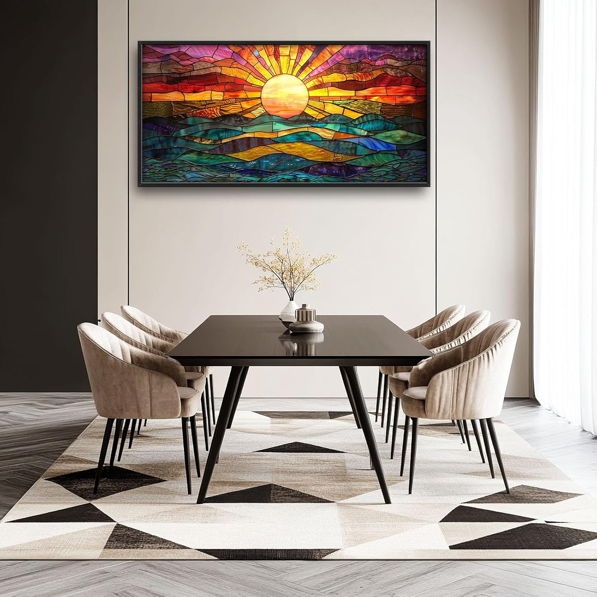 Quorin Boho Sun Large Wall Art Colorful Pictures Abstract Geometric Sun Sunset Sea Wall Decor