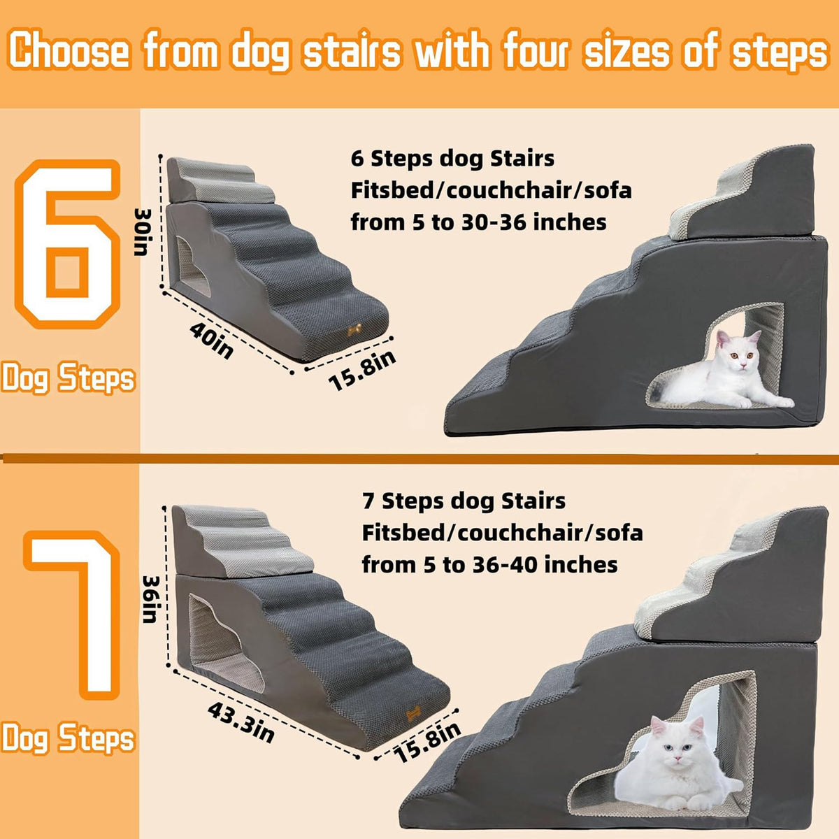 dog stairs for small dogs to 30 inches high beds, 6 step dog ramp stair for 18-36 inches