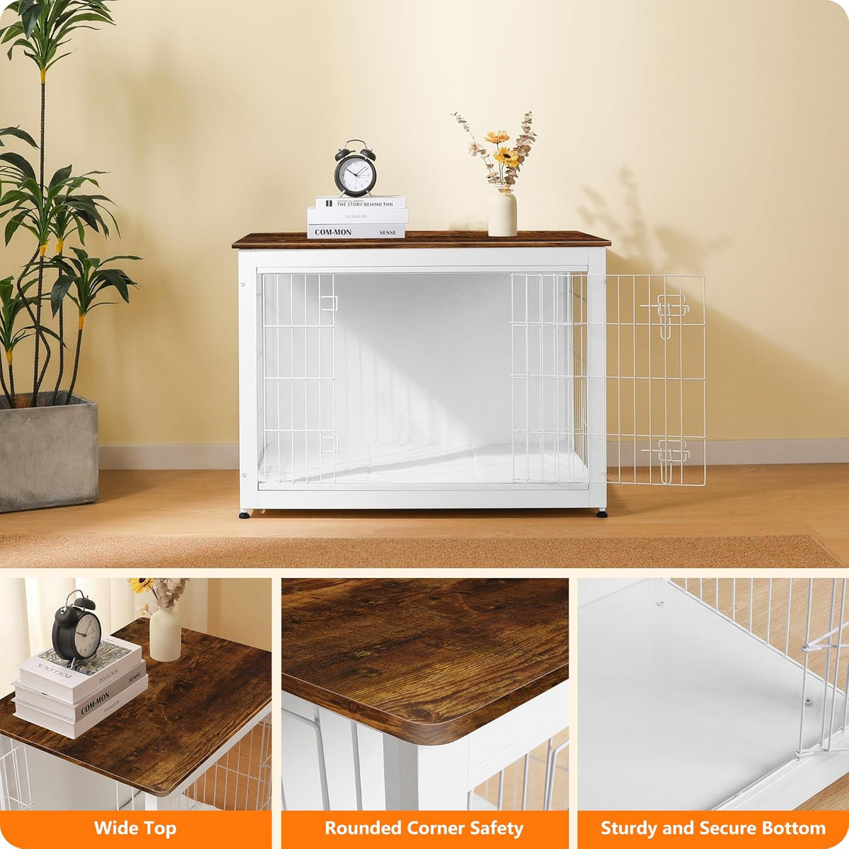 DWANTON Dog Crate Furniture with Cushion, Wooden Kennel Table with Double Doors, Indoor Dog House