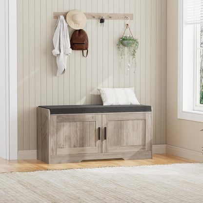 2-Tier Storage Bench, Shoe Bench with Thickened Padded Seat Cushion, Entryway Bench with 2 Doors