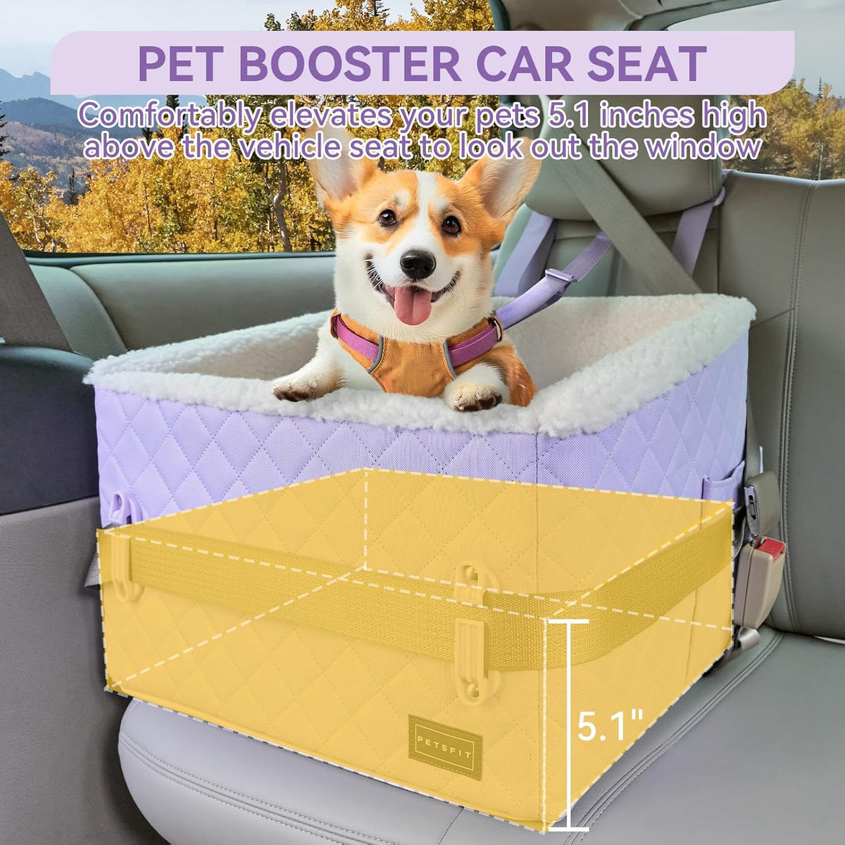 PETSFIT Dog Booster Car Seat, Soft Foam Cat Car Seat with Patented Safety Buckles, Storage Pockets
