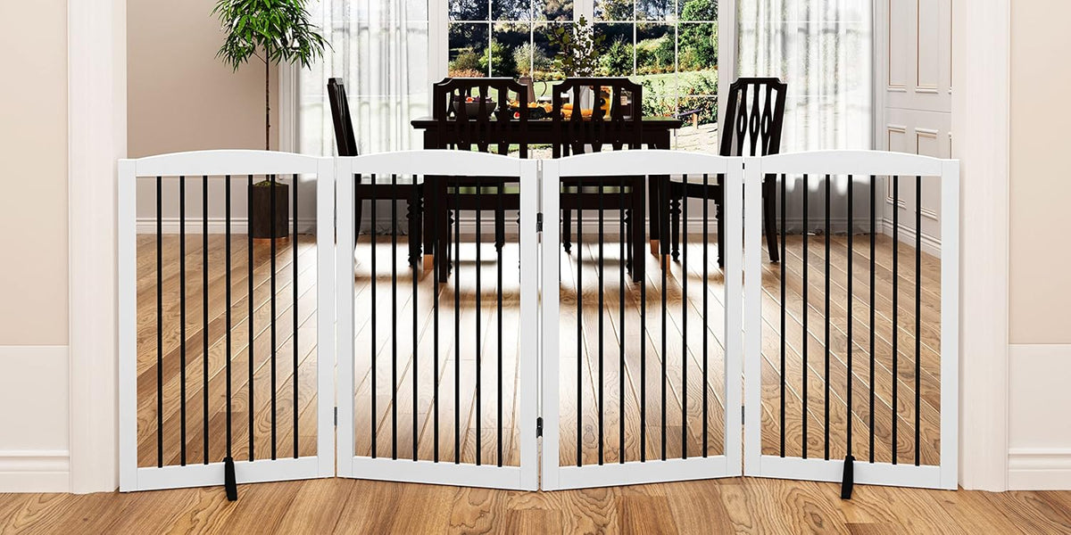 Freestanding Pet Gate - Foldable Wooden Dog Gate, 80 Inch Wide, 4 Panels, White