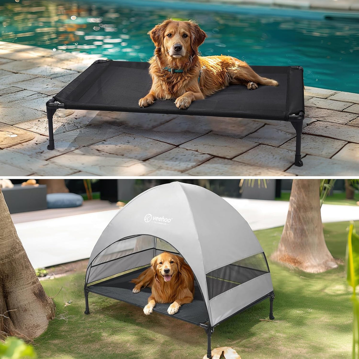 Veehoo Outdoor Dog Bed with Canopy, Cooling Elevated Pet Cot with Removable Shade, Non-Slip Feet