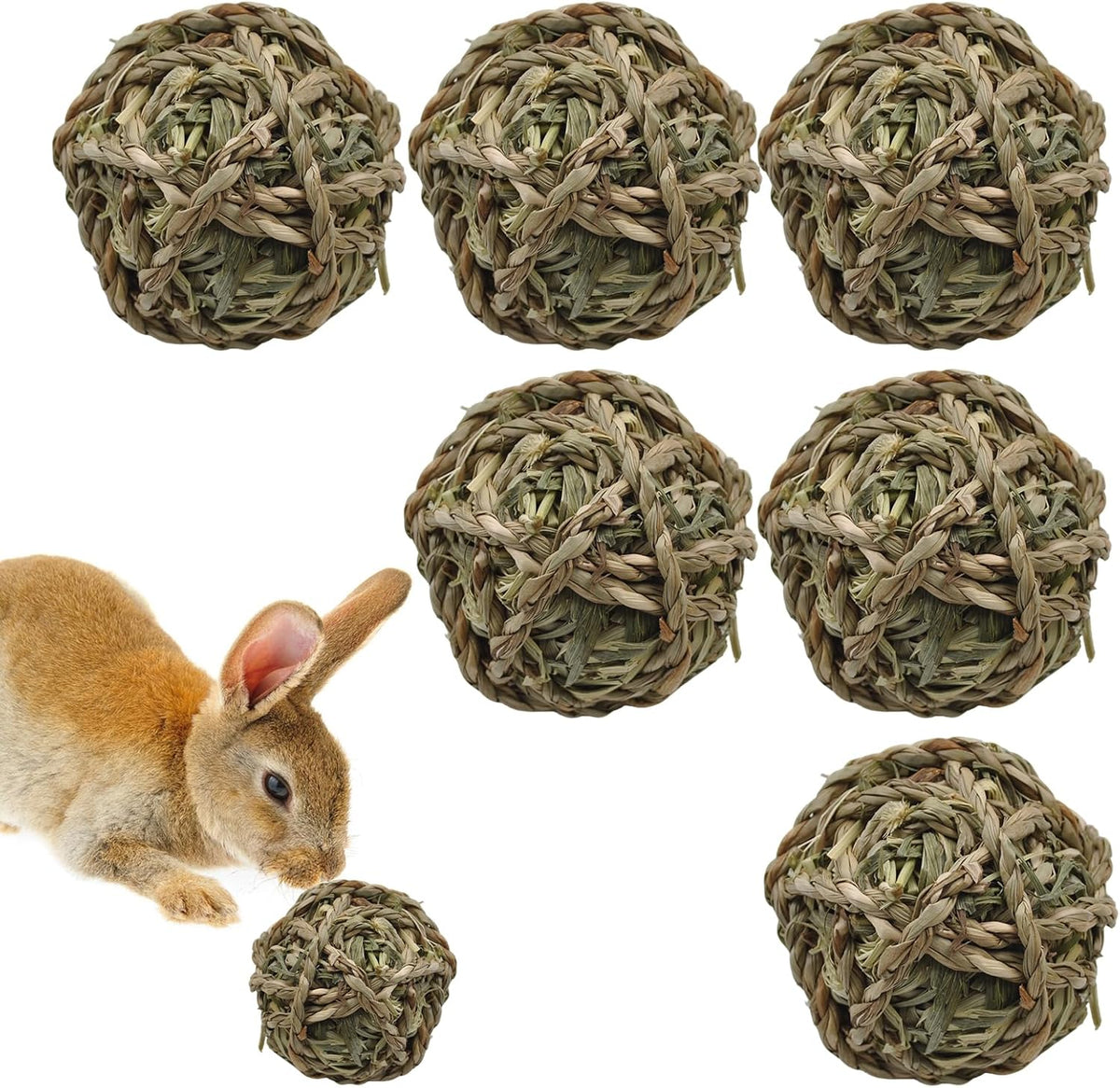 Rabbit Timothy Grass Ball 6 Pcs,Natural Bunny Grass Ball Timothy Hand Woven Chew Toys Small Animals