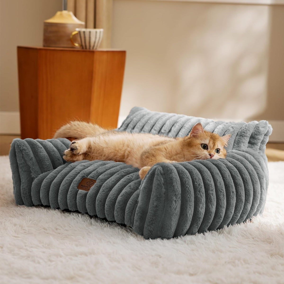 Bedsure Cute Cat Couch for Pets - Fluffy Cat Sofa with Premium Soft Corduroy Fleece, Fuzzy Pet
