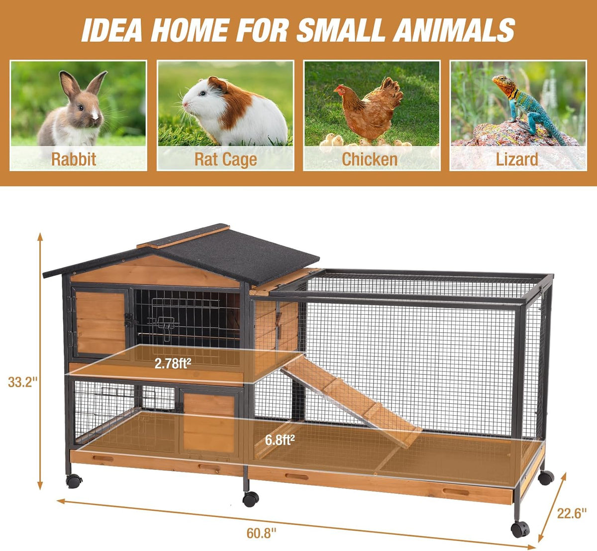 Rabbit Hutch Bunny Cage Strong Iron Frame Rabbit Cage Indoor and Outdoor Chicken Coop with Casters