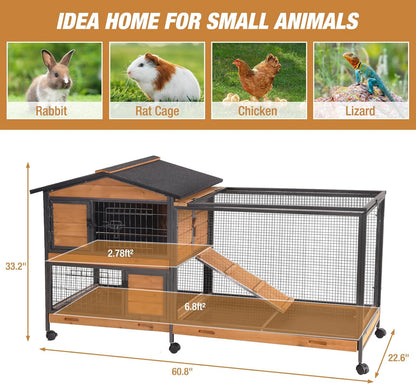 Rabbit Hutch Bunny Cage Strong Iron Frame Rabbit Cage Indoor and Outdoor Chicken Coop with Casters