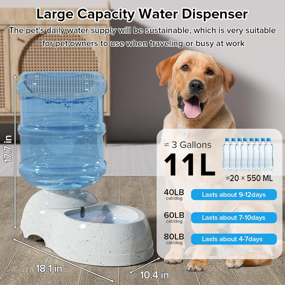 Kenond Water Dispenser Station for Large Dogs,3 Gallon/11L Gravity Automatic Feeder, Dog Water Bowl