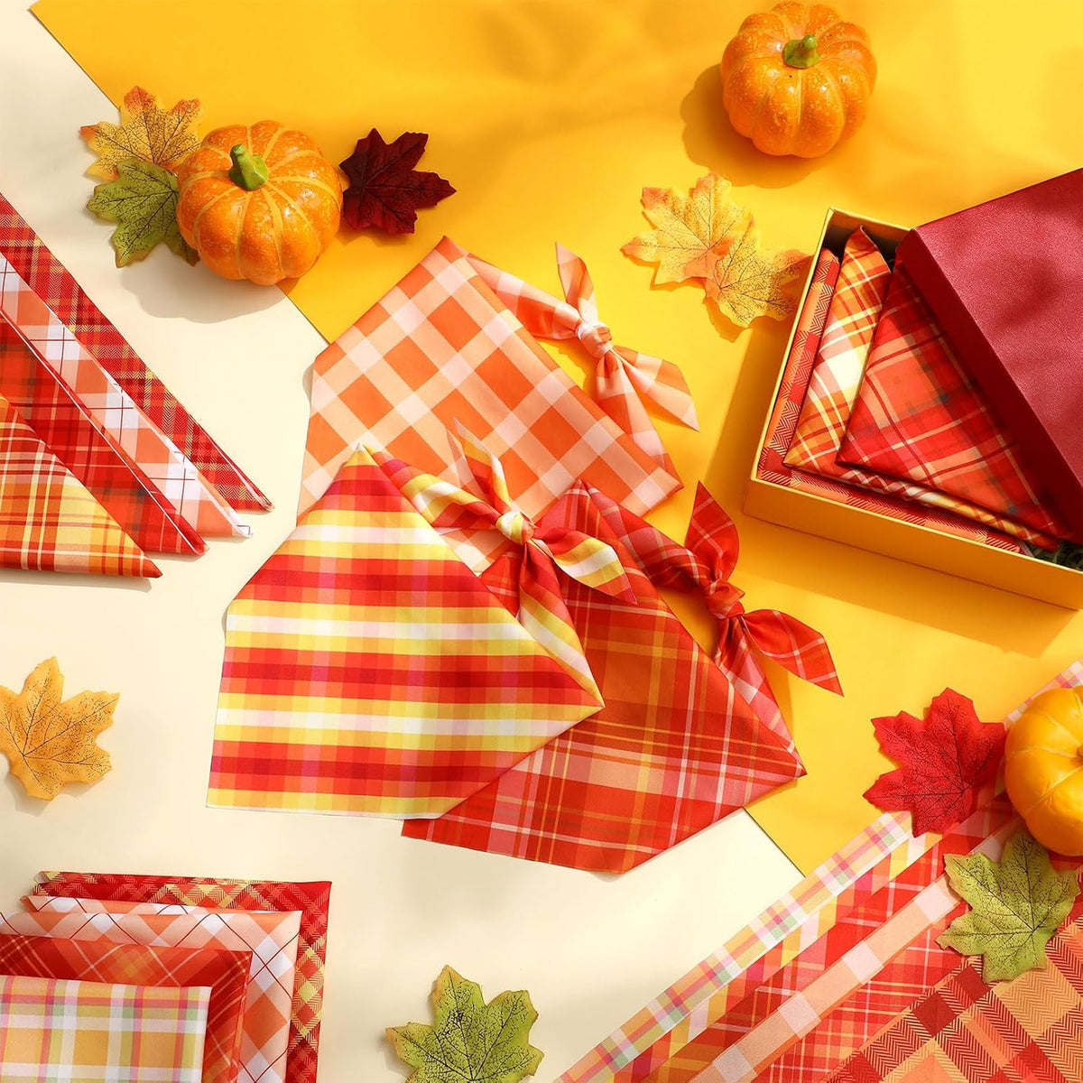 Weewooday 50 Pcs Fall Dog Bandanas Bulk Plaid Bandanas for Dogs Autumn Soft Doggie Bibs Adjustable