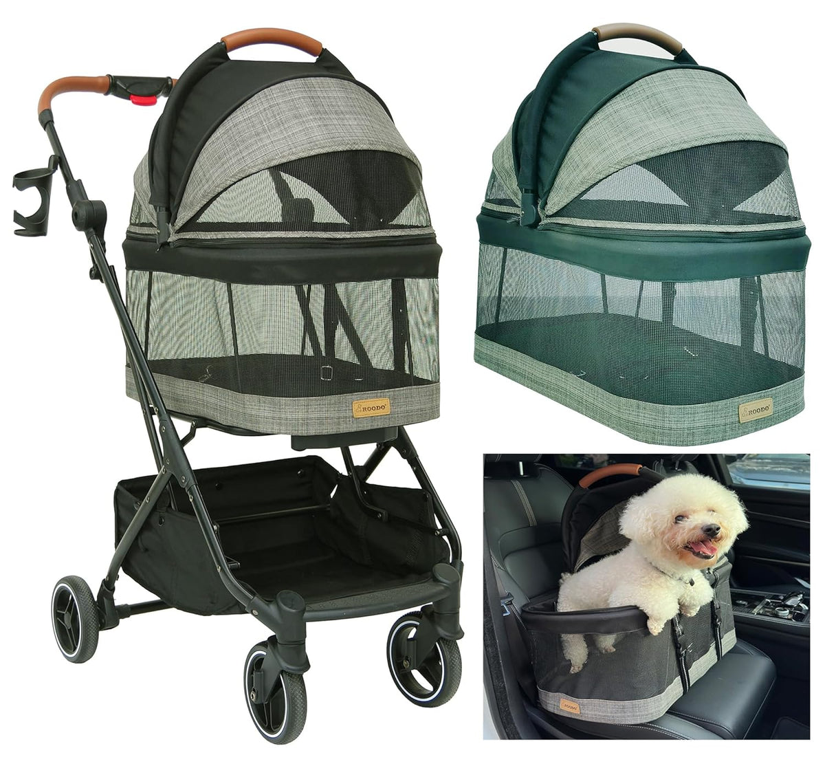 ROODO Fashion 3-in-1 Dog Cat Stroller with Detachable Carrier&Car Seat Combo Best Lightweight