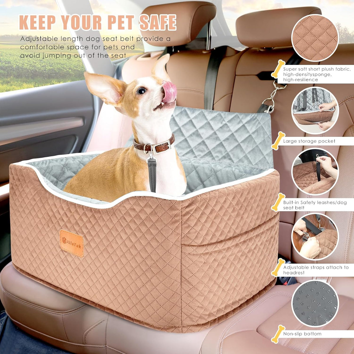 Memory Foam Booster Dog Car Seat Medium Dogs, Elevated Pet Car Seat Under 45 LBS, Detachable