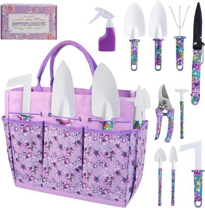 Gardening Tool Set 10-Piece, Heavy Duty Garden Tool Set with Purple Floral Tote Bag and Gift Box