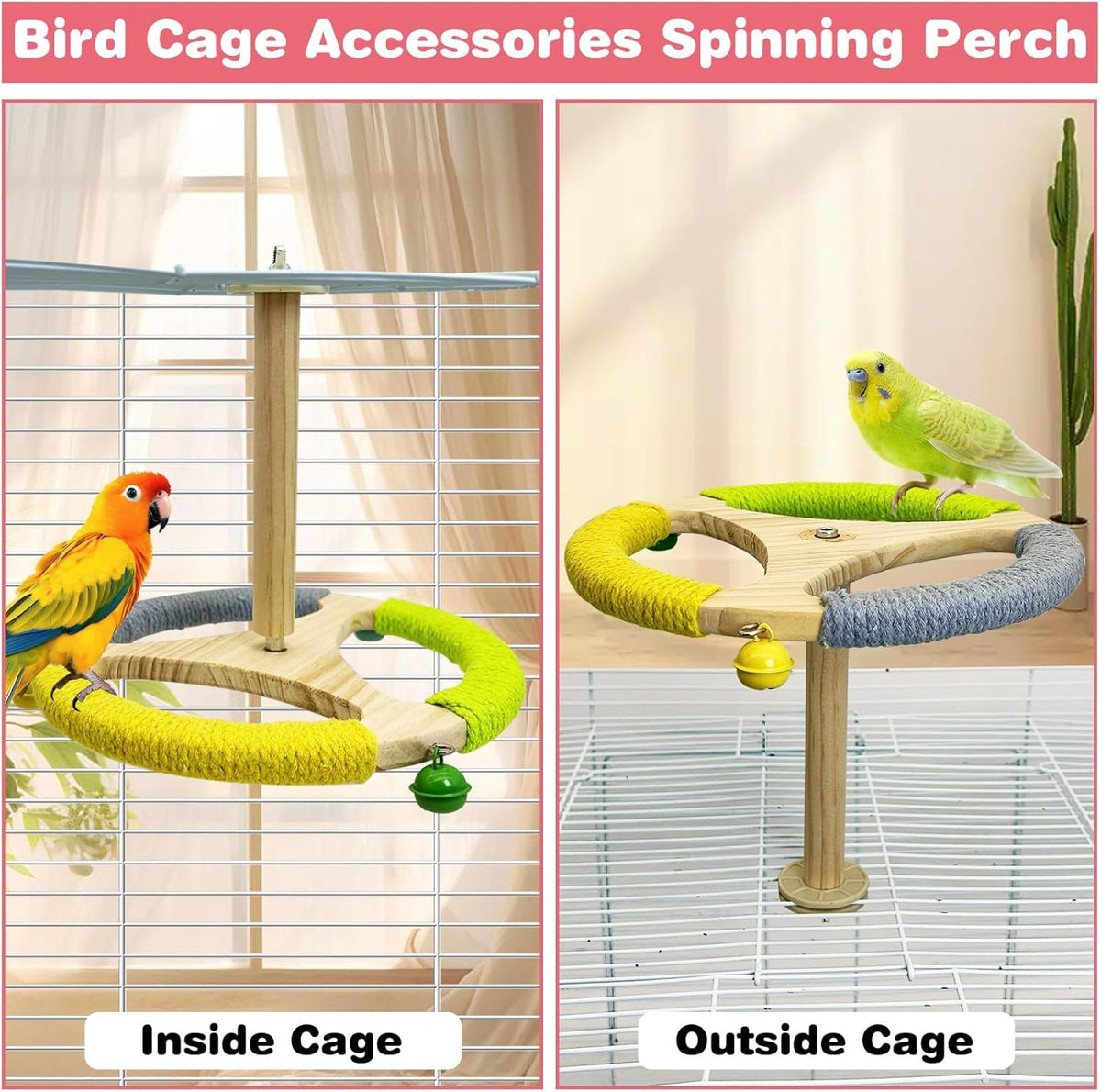 PINVNBY Hanging Bird Stand Perch Toy Wooden Spinning Parrot Perch with Cotton Rope and Bell
