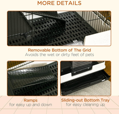 PawHut 26" Small Animal Cage with Wheels, 2-Level Portable Bunny Cage, Chinchilla Ferret Cage with