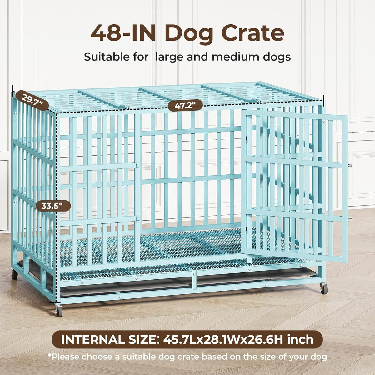 48IN Heavy Duty Dog Crate Steel Escape Proof, Indoor Double Door High Anxiety Cage Removable Tray
