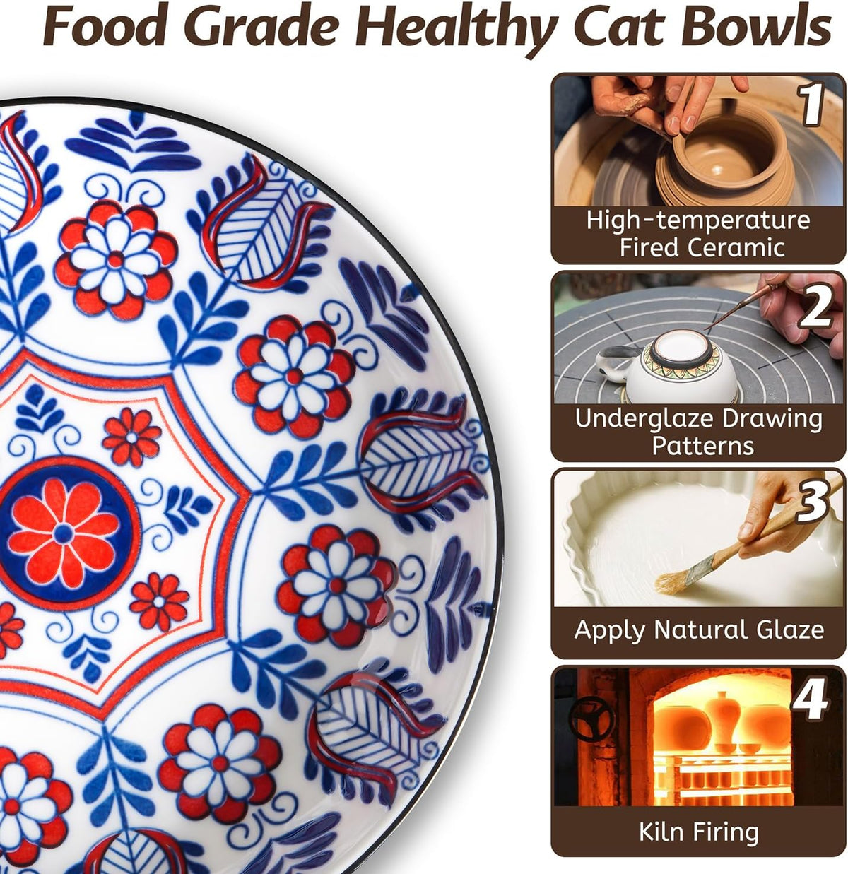Non-Slip Cat Bowl,Ceramic Cat Food Bowls with Silicone Bottom, Anti-Whisker Fatigue Cats Dishes