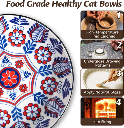 Non-Slip Cat Bowl,Ceramic Cat Food Bowls with Silicone Bottom, Anti-Whisker Fatigue Cats Dishes